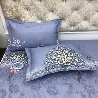 Bộ Chăn Ga Vỏ Gối 5 Món  Xanh Họa Tiết Hoa-BỘ CHĂN RA 5 MÓN COTTON PO