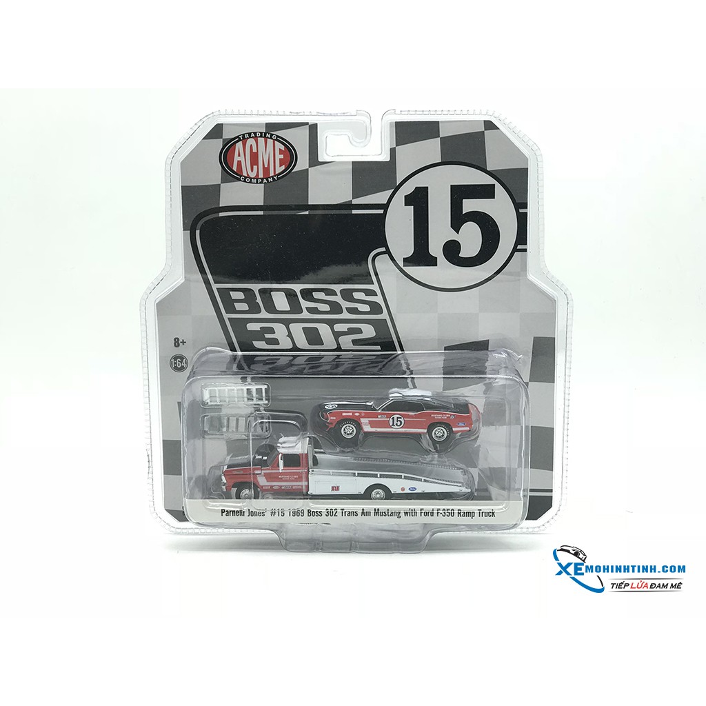 Mô Hình Ford F-350 Ramp Truck With #15 1969 Trans Am Mustang GreenLight 1:64 (Đỏ)