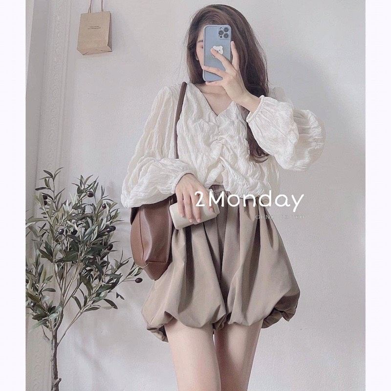 [Ảnh thật/Video] Set đồ xinh áo nhún bèo và quần short bo gấu bèo