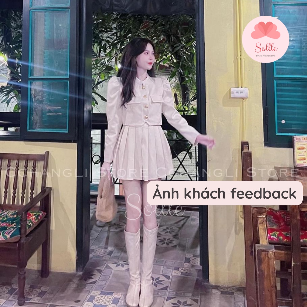 Set đồ nữ áo khoác dáng vest croptop tay bồng chân váy xếp ly trơn 4 màu Hàn Quốc Sollle