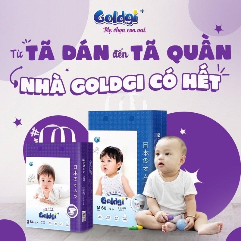Tã bỉm Dán/Quần Goldgi+ Size NB92/S84/M66/L56/M66/L48/XL44