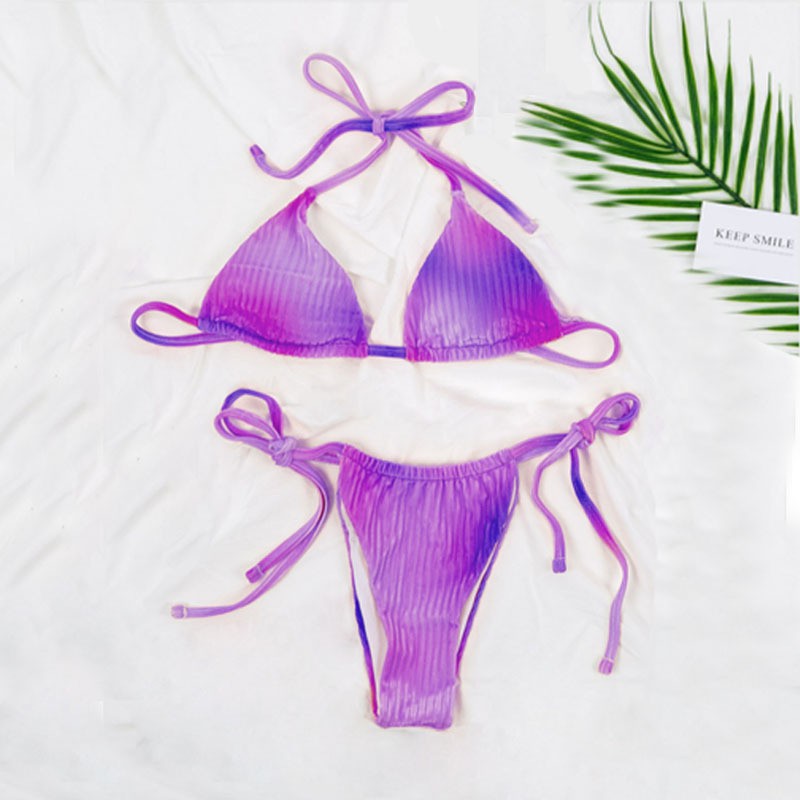[BKN1385] &lt;ÂU&gt; SET BIKINI TRIANGLE NHUNG GÂN OMBRE CAM/TÍM