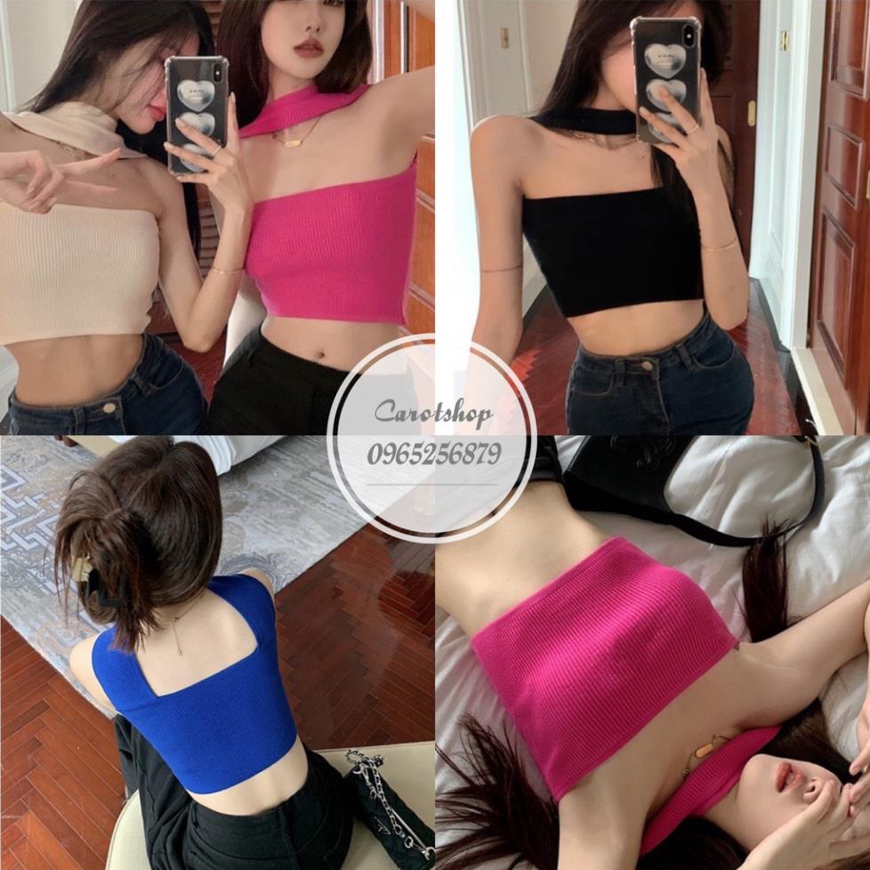 Kèm clip Áo ống croptop len tăm choàng cổ đủ màu mặc được 2 kiểu