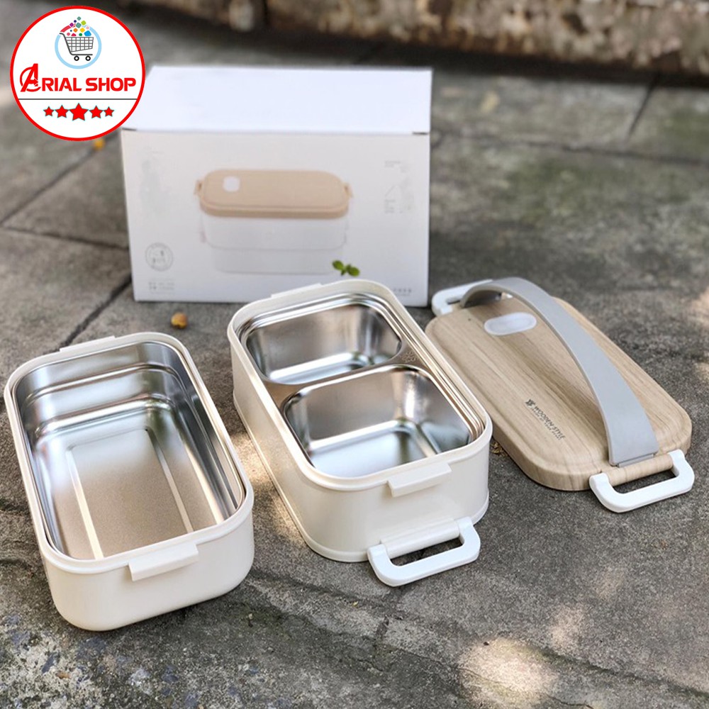 [Kèm Túi] Hộp Đựng Cơm WOODEN STYLE 2 Tầng Ruột Inox Tháo Rời HC01 | BigBuy360 - bigbuy360.vn