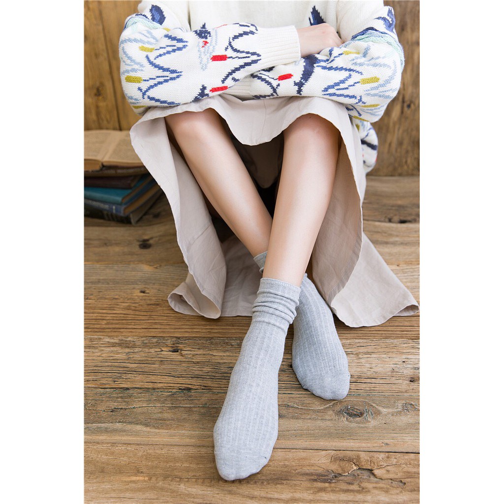 Set 5 đôi tất cổ cao Bivota vớ nữ Hàn Quốc cotton len gân vintage T62