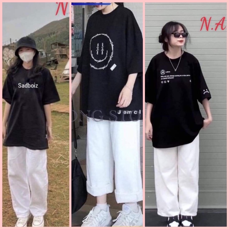 Set Quần Kaki trắng mix áo thun Sad BoyBộ đồ culottes Mặc nhà nam nữ Unisex kèm thun form rộng tay lỡ in hình vintage