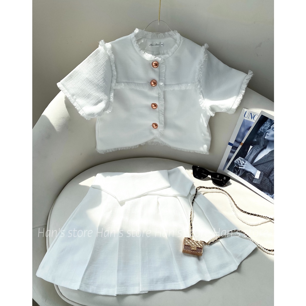 BỘ LINEN TWEED ĐÁNH VIỀN TUA RUA TIỂU THƯ (ẢNH THẬT 1OO%)