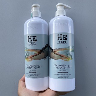 Bộ dầu gội xả HE TEPI Collagen Keratin No3 siêu mượt phục hồi tóc 3 in 1 1000mlx2 | New 2024