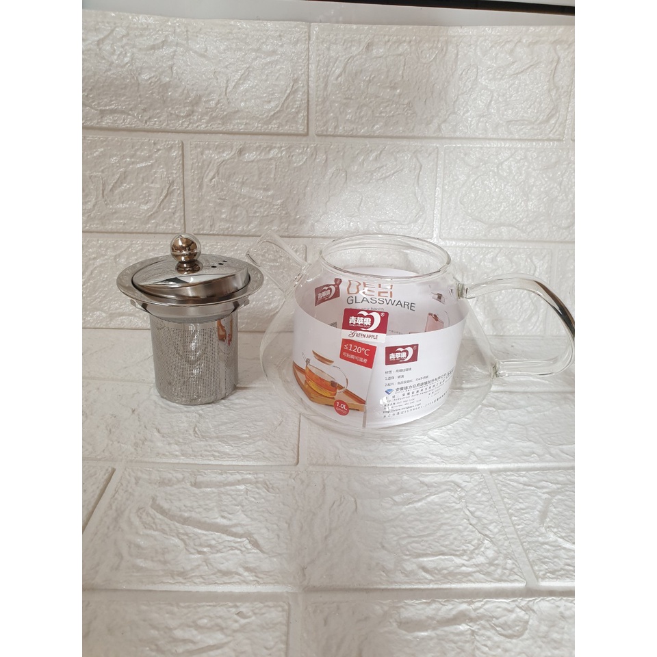 Bình Trà  Thủy Tinh Cao Cấp Có Lưới Lọc, Bình Dạng Lùn Phong Cách Hiện Đại Dung Tích 1 lít (ảnh thật)