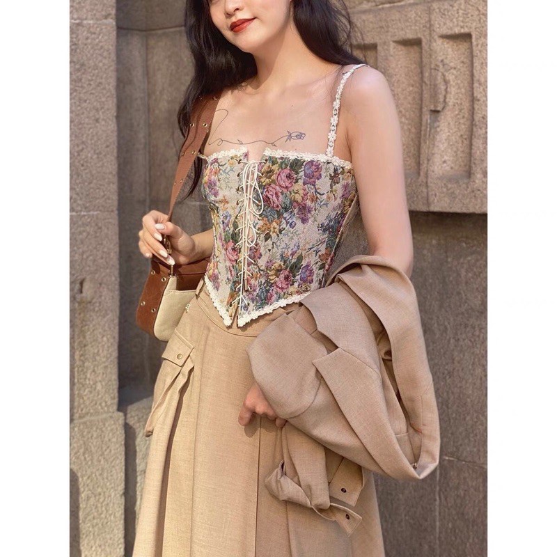 (🔥Flash Sale) Corset Vintage, Áo hai dây retro, áo hoa retro Pháp, corset hoa vintage, corset hoa cổ