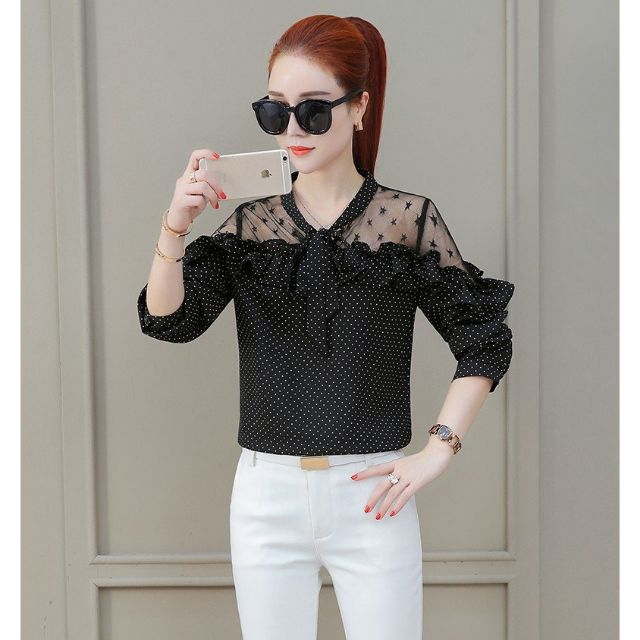 Áo kiểu nữ chấm bi phối lưới cao cấp