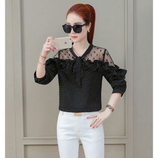 Áo kiểu nữ chấm bi phối lưới cao cấp