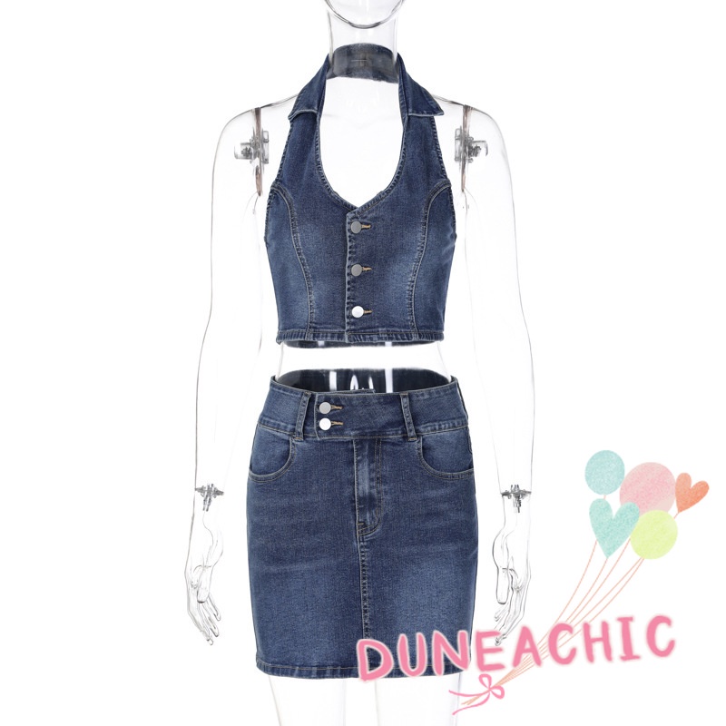 Bộ Áo Tank Top Hở Lưng + Chân váy jean Lưng Cao Phối Nút Cá Tính Cho Nữ