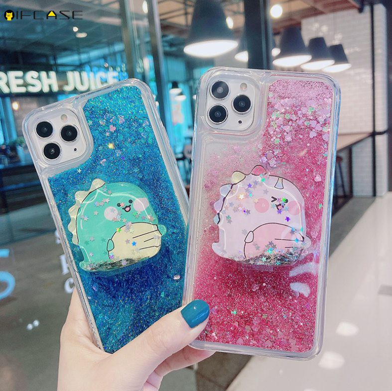 OPPO F11 F9 F5 F3 F1 Plus F1s K3 A83 A73 A73S A57 A39 A3 A1 Phone Case Quicksand Liquid Dinosaur Holder Stand Bracket Glitter Bling Cartoon Cute Clear Transparent Soft Case Cover