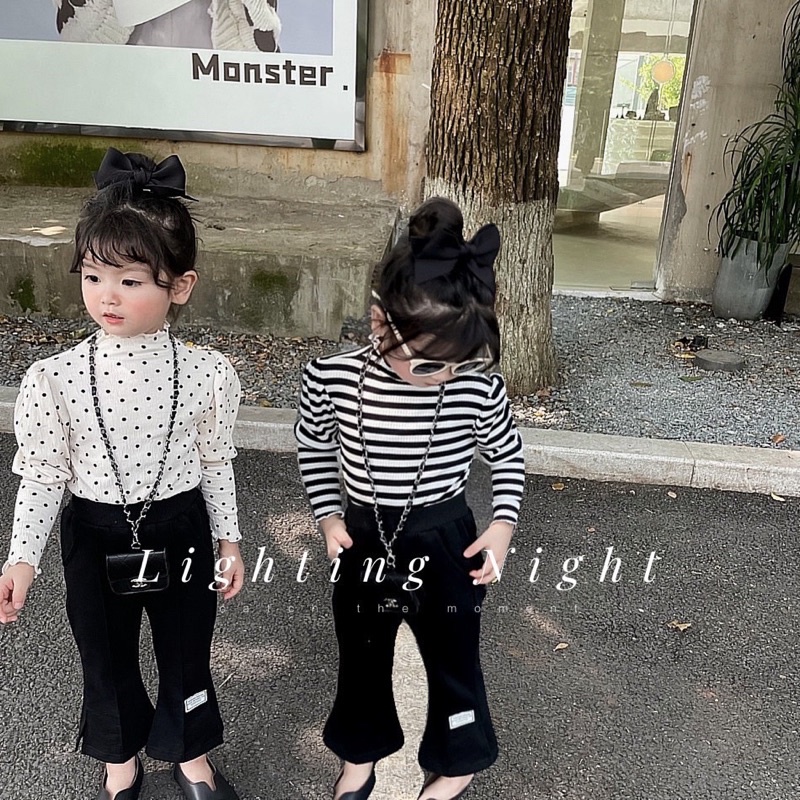 Set Áo Cotton Len Bồng Phối Quần Ống Loe Bé Gái