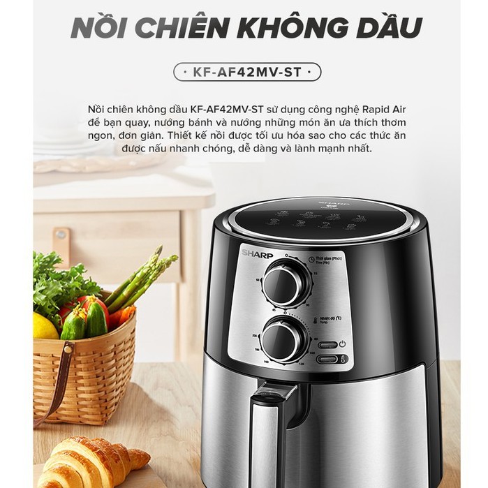 Nồi chiên không dầu Sharp Chống Dính 1250-1450W Giảm 80% Chất béo, Tự động ngắt khi quá nhiệt - Hàng Chính Hãng HAPOS