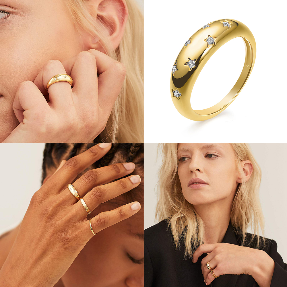 Nhẫn Hình Vòm Đính Đá Zirconia Lấp Lánh Hình Ngôi Sao Thời Trang 18k Cho Nữ|Nhẫn Mạ Bạc Size Từ 6 Đến 10