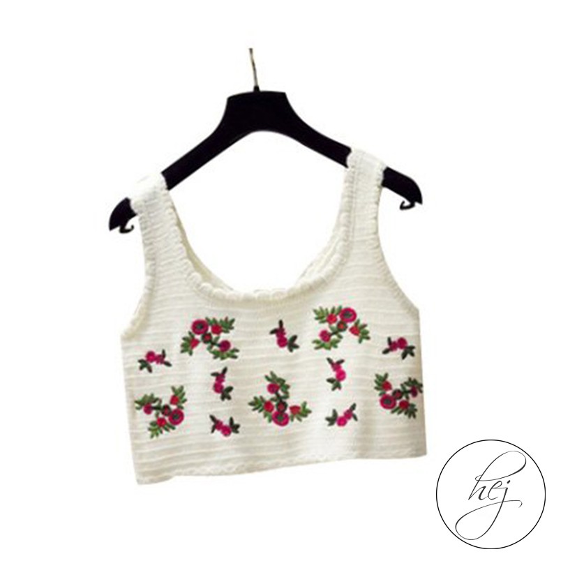 Áo Yếm Len Dệt Kim Kiểu Croptop HEJI Họa Tiết Hoa Đỏ Sexy