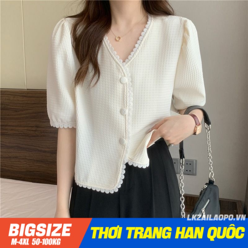 Áo sơ mi cardigan Bigsize Áo kiểu nữ form rộng tay ngắn cổ chữ v mùa hè Phong cách Hàn Quốc Thời Trang tiểu thư cá tính xinh đẹp cho người mập béo