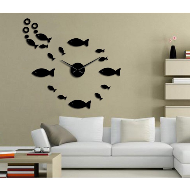 (CỠ LỚN, LOẠI 1) Đồng hồ dán tường trang trí decor, mô hình bầy cá (mẫu 23)