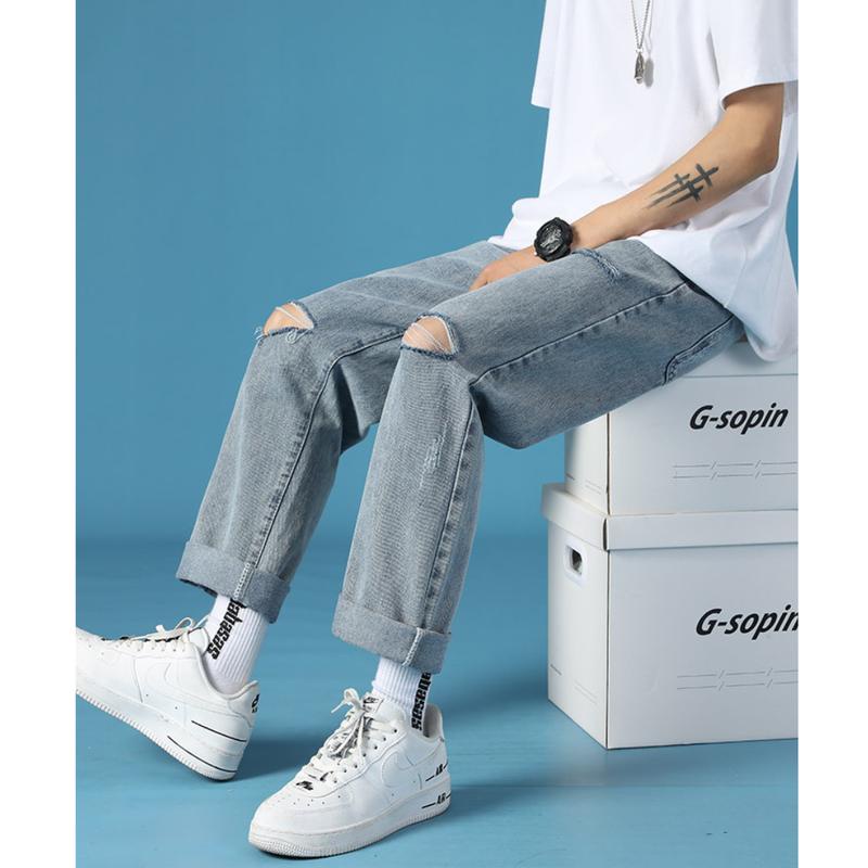 Quần Jean Baggy Nam Dáng Dài Form Suông Ống Rộng Chất Liệu Vải Jean Bò Xanh Rách 2 Gối R3 Gen Z Store HN | BigBuy360 - bigbuy360.vn