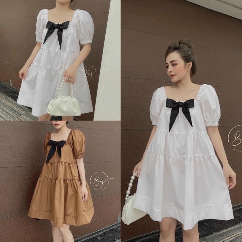 Đầm babydoll nữ ❤️đầm xoè cổ vuông đính nơ❤️ đầm tiểu thư, đầm trắng công chúa chất thô mềm về 2 màu