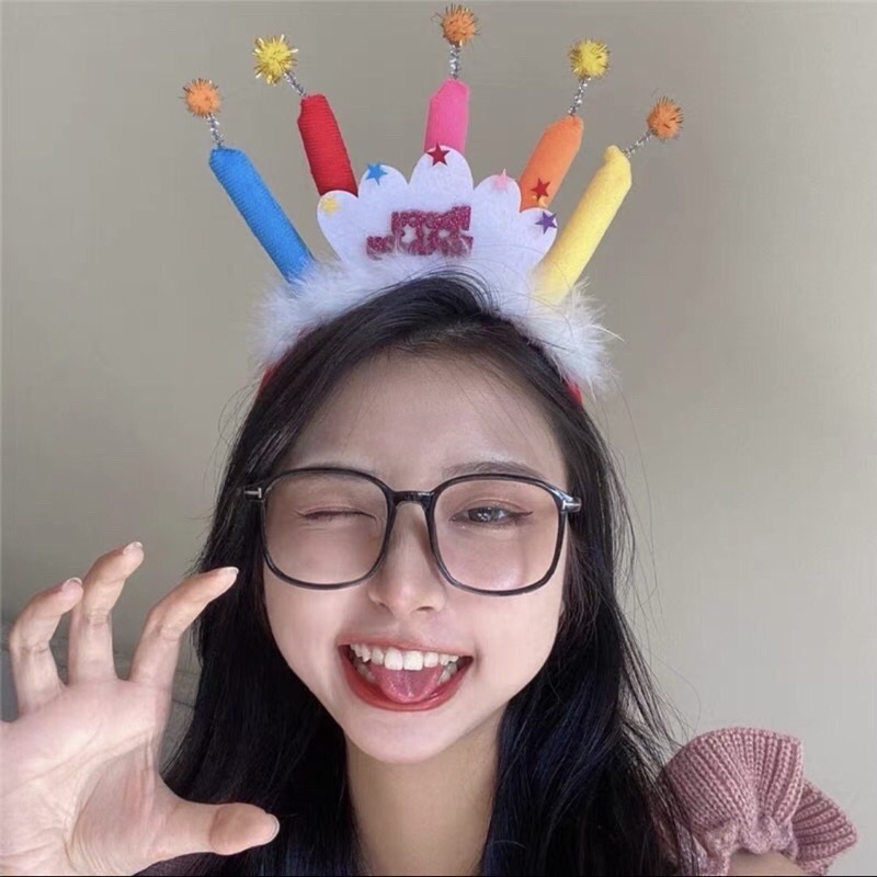 Bờm vương miện cài tóc sinh nhật hình bánh kem ngọn nến ngộ nghĩnh chất vải xốp mềm