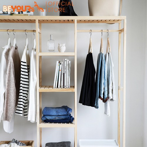 Tủ Gỗ Treo Đồ Quần Áo Gỗ BEYOURs Triple Hanger Size Khổng Lồ Có Kệ Cây Sào Đa Năng Nội Thất Phòng Ngủ Lắp Ráp Dễ Dàng