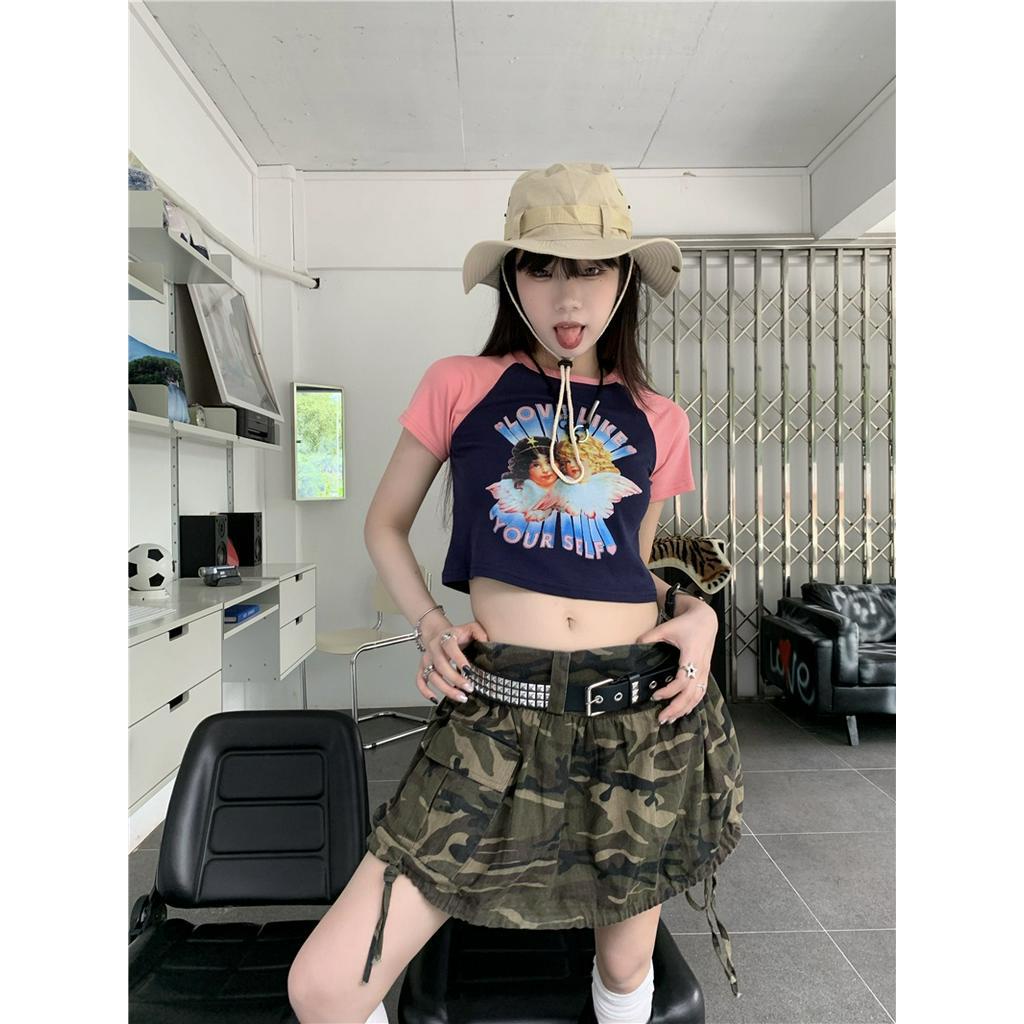 Áo Thun Dáng Ôm Ngắn Tay In Thiên Thần Màu Sắc Tương Phản Thời Trang Cá Tính 62810