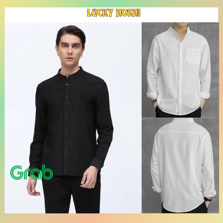Áo sơ mi nam form rộng Cổ Trụ Cổ Tàu tay dài màu Trắng,Đen chuẩn form Hàn Quốc vải lụa mềm mịn SMD03