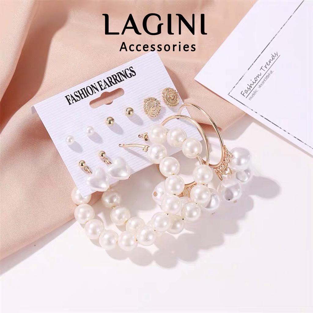 Set bộ bông tai khuyên tai Lagini ngọc trai Hàn Quốc sang chảnh cá tính cho nữ