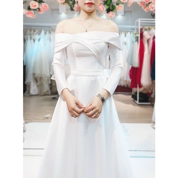 ĐẦM CƯỚI BẸT VAI TAY DÀI NƠ LƯNG ĐÍNH NƠ LƯNG FULL SIZE :S/M/L/XL ( ẢNH VÀ VIDEO CHỦ SHOP TỰ QUAY 10000%)