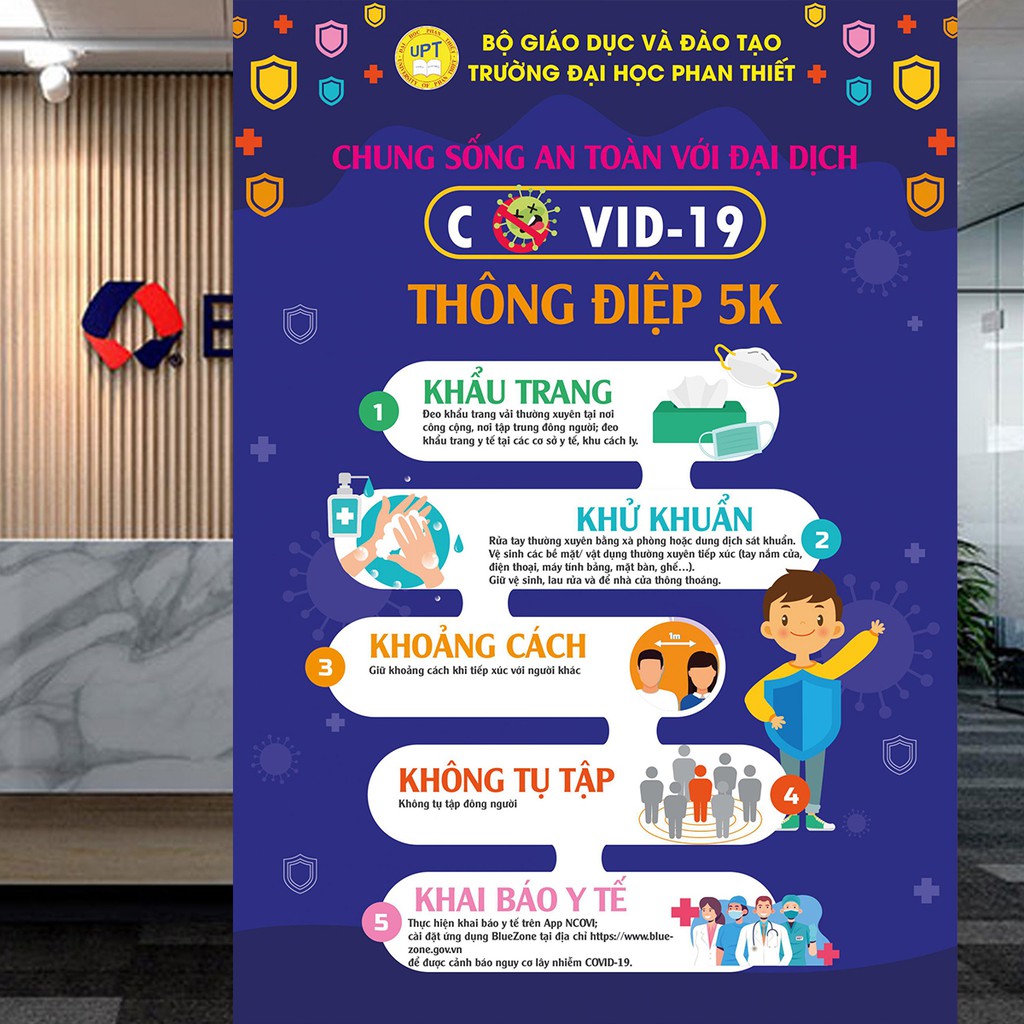 Poster/Sticker tấm decal dán biển báo thông điệp 5K phòng chống covid dán cửa, tường công ty, cửa hàng...