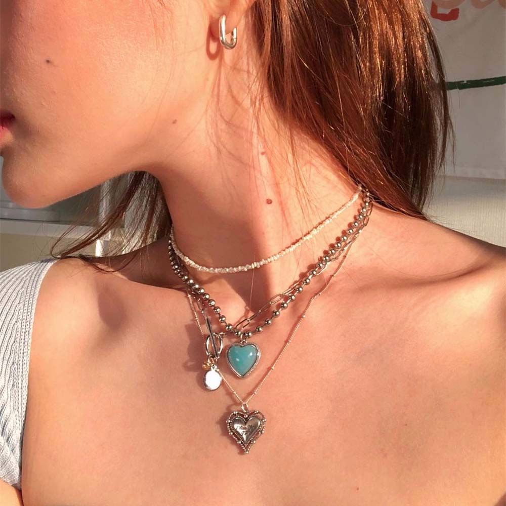 Vòng Cổ Choker Bằng Thép Không Gỉ Mặt Hình Trái Tim Màu Xanh Lá Thời Trang Hàn Quốc