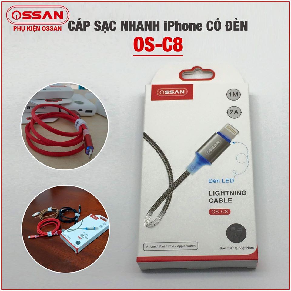 (1m)Cáp sạc nhanh tên lửa Lightning đèn led ossan dùng cho iphone 5 trở lên