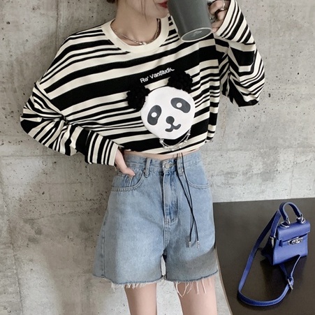 【ZHELIHANGFEI】Áo Dệt Kim Dài Tay Lưng Cao Phối Dây Rút Họa Tiết Gấu Trúc Đáng Yêu