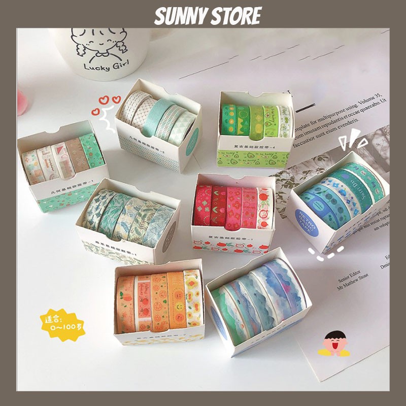 Set 5 cuộn băng dính washi dễ thương thích hợp trang trí sổ, dụng cụ học tập SUNNYSTORE