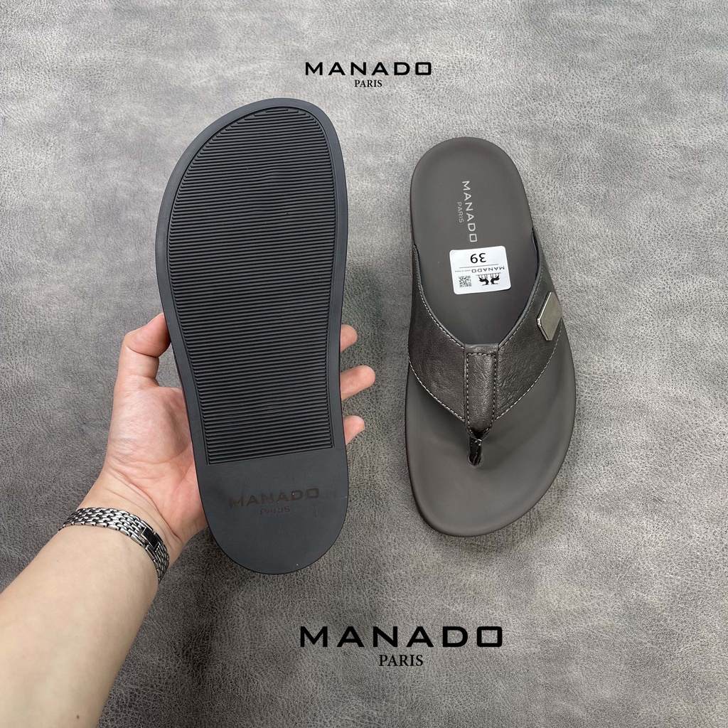 Dép xỏ ngón, dép quai kẹp nam cao cấp Manado Mã MND09 Màu Xám fullbox, quai da mềm mại, đế cao su thiết kế chắc chắn