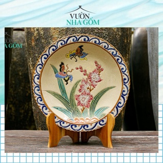 Dĩa mỹ nghệ trang trí khắc hoạ tiết Mai, Lan, Cúc, Trúc- Vườn Nhà Gốm