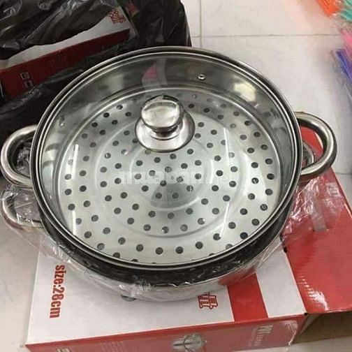 [HÌNH THẬT] NỒI HẤP 2 TẦNG INOX 28CM