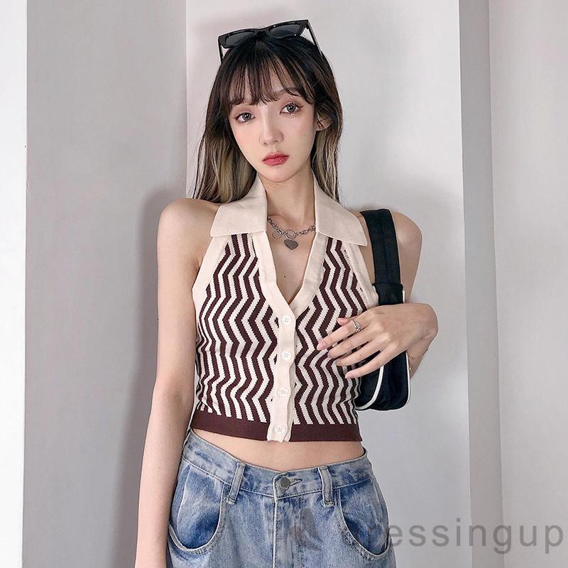 Áo Croptop Không Tay Cài Nút In Họa Tiết Kẻ Sọc Gợn Sóng Cho Nữ