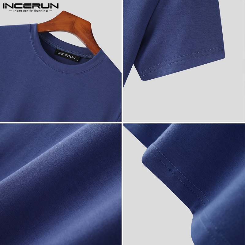Áo thun INCERUN tay ngắn cổ tròn màu trơn thiết kế đơn giản thời trang cho nam