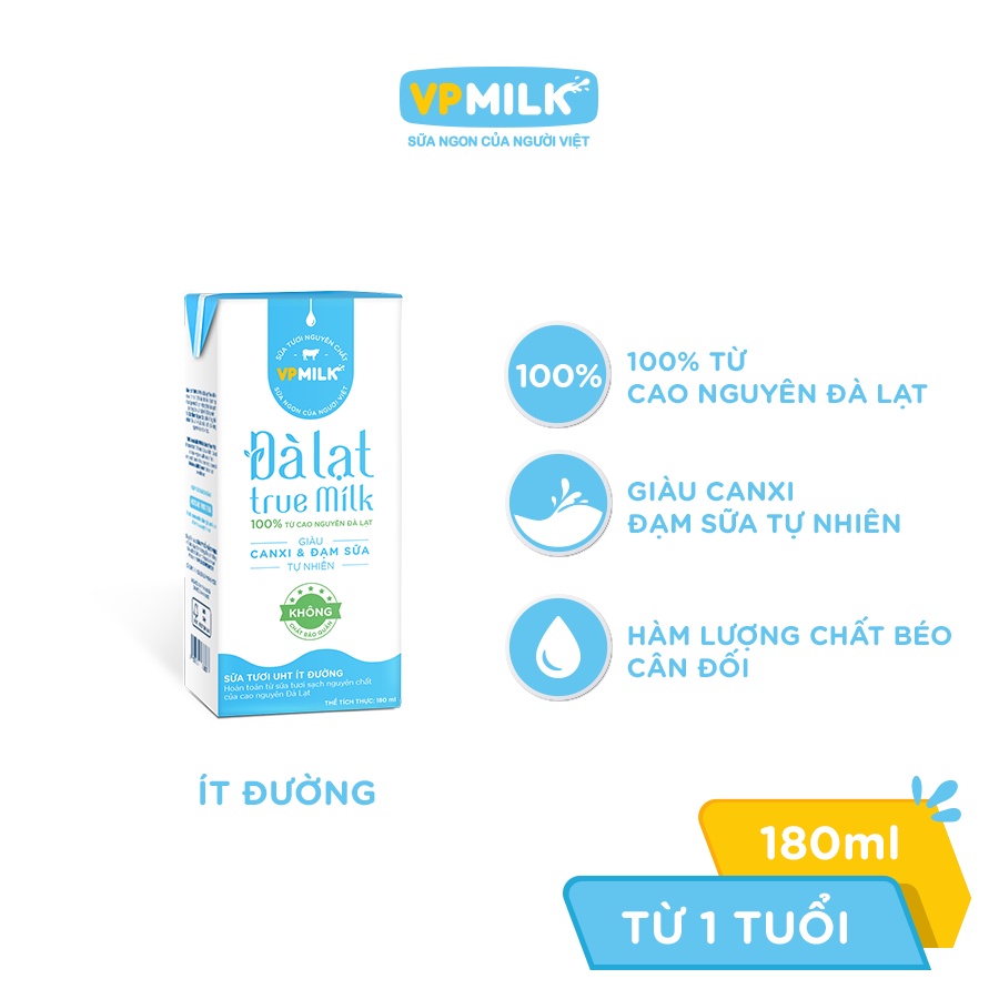 [Combo 6 lốc] sữa tươi UHT Đà Lạt True Milk VPMilk ít đường hộp 180ml (lốc 4 hộp x 6)