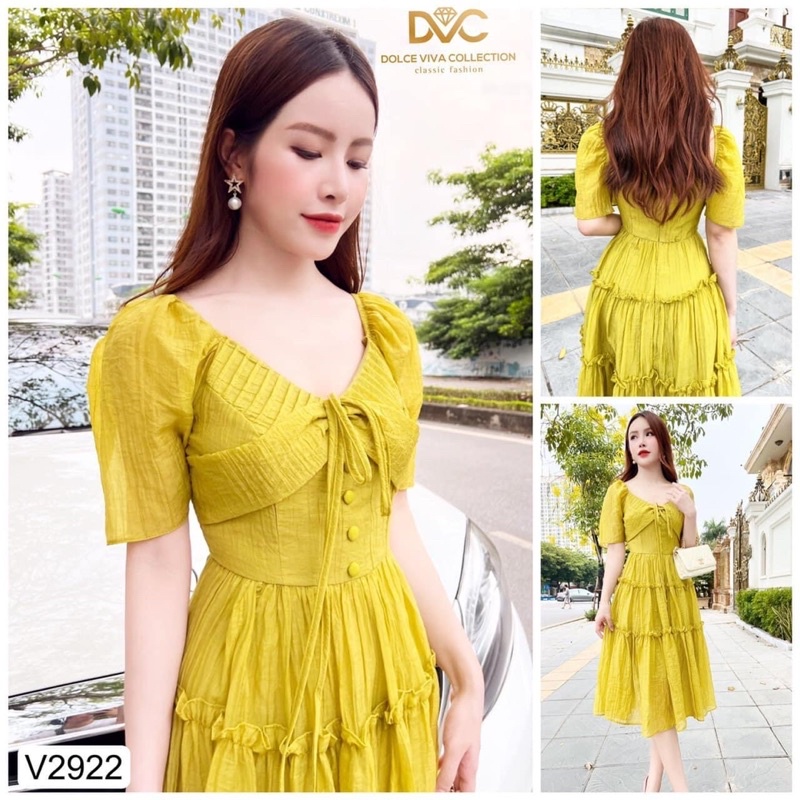 V2922 Váy đầm xanh bơ cổ V dáng dài 3 tầng nữ tính -  Dolce viva colection