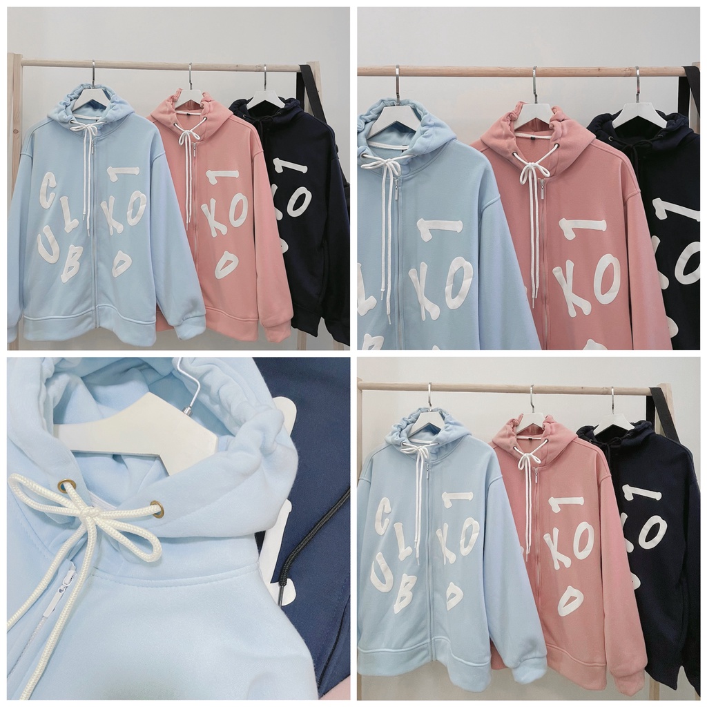 Áo Khoác dây kéo In chữ nổi 3 màu xinh xắn Hồng/Xanh dương/Xanh đen Unisex nam nữ siêu đẹp (hình thật) tại Boin Store