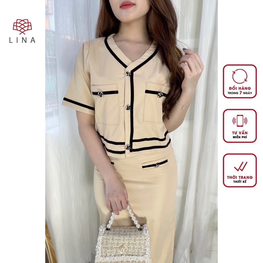 SET Croptop LINA giả Vest kiểu dáng tiểu thư màu be thanh lịch, chất liệu trượt Hàn cao cấp | BigBuy360 - bigbuy360.vn