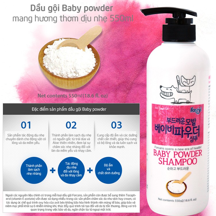 Dầu gội dưỡng da và lông Baby Powder cho chó Forbis 550ml