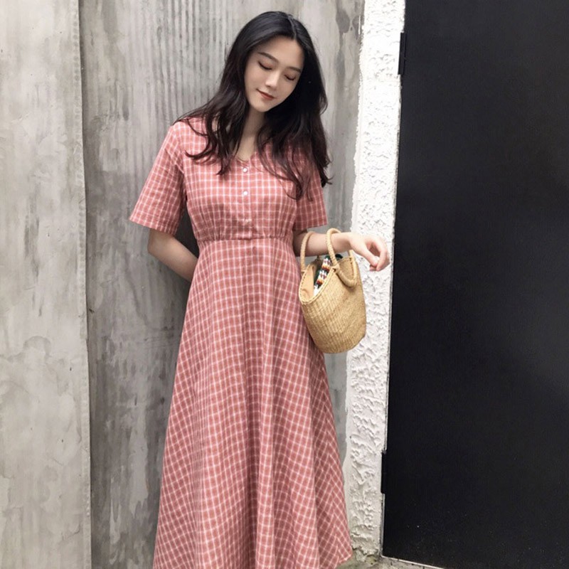 Đầm cổ tròn hoạ tiết sọc ca-rô nữ tính