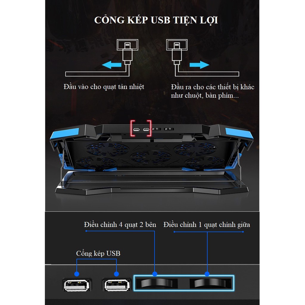 Đế Tản Nhiệt❤️FREESHIP❤️Đế Tàn Nhiệt Laptop Cao Cấp - Bộ Tàn Nhiệt H9.1 Quạt Mạnh Chạy Êm Tích Hợp Thêm Cổng USB