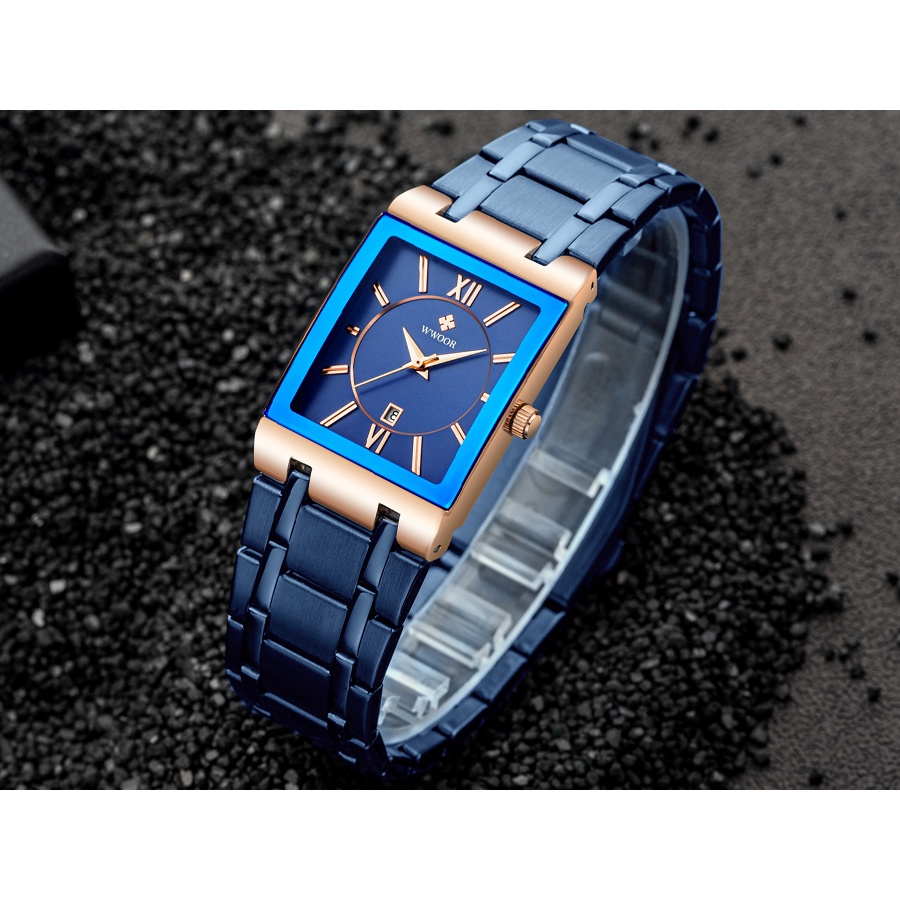 Đồng Hồ Quartz WWOOR Relojes Hombre Mặt Vuông Chất Liệu Thép Không Gỉ Chống Thấm Nước 8858